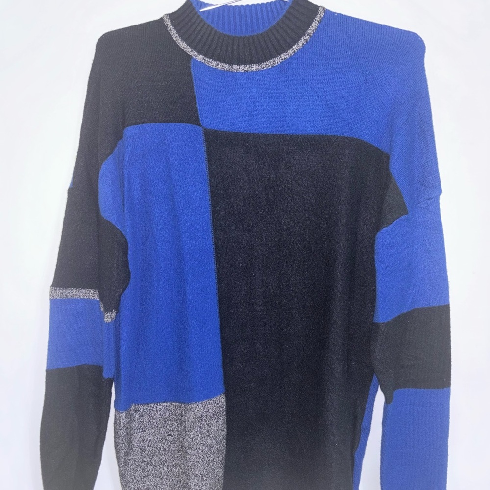 Badgley Mischka Color Block Turtleneck Sweater women XL tunic top blue retro 80s